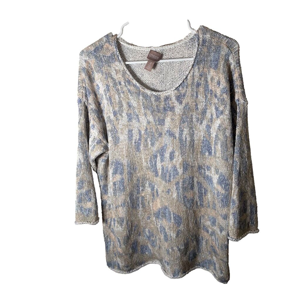 Chico's Sweater Women's 2 Large Blue Tie Dye 3/4 Sleeve Round Neck Casual